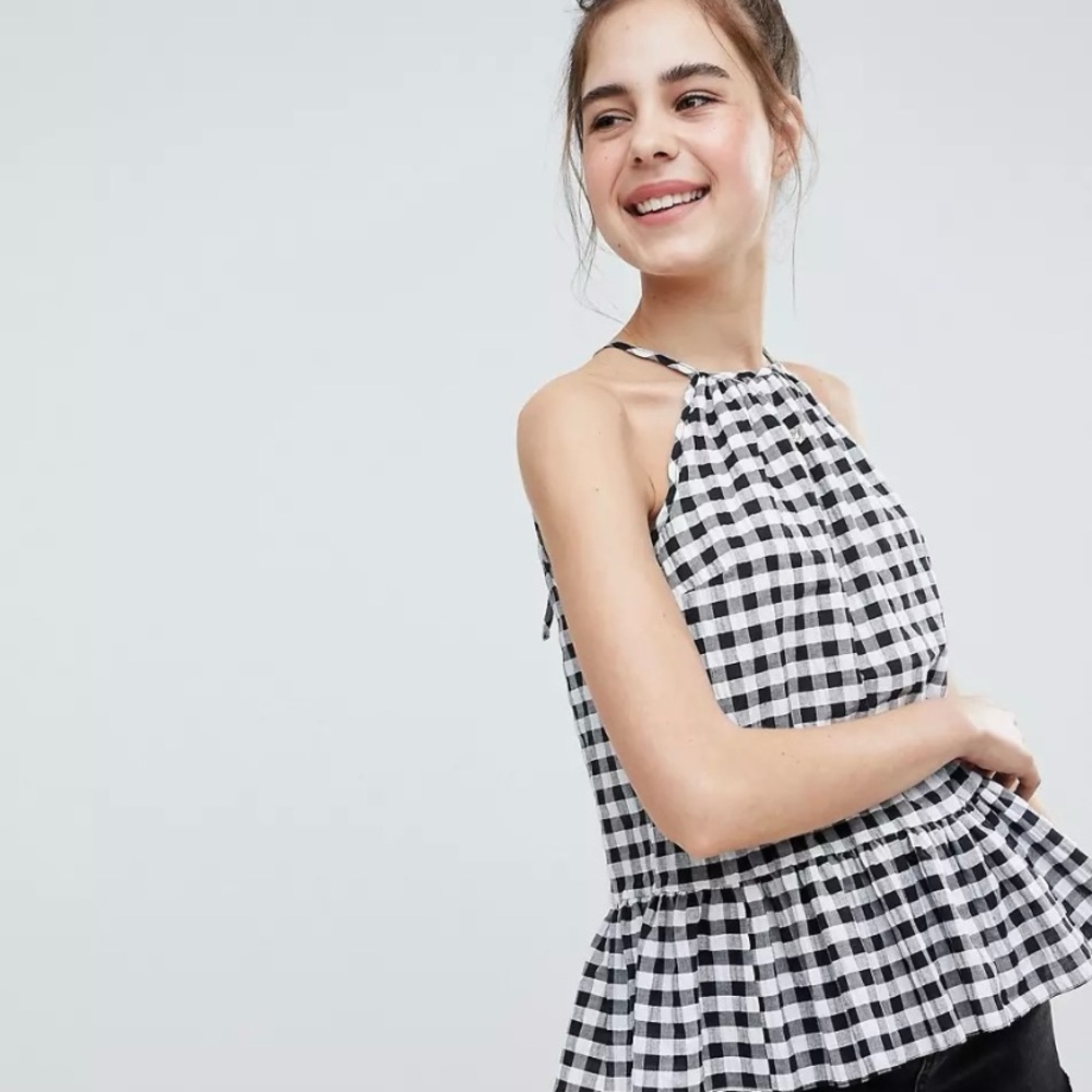 ASOS Design Trapeze Sun top in black gingham size 6